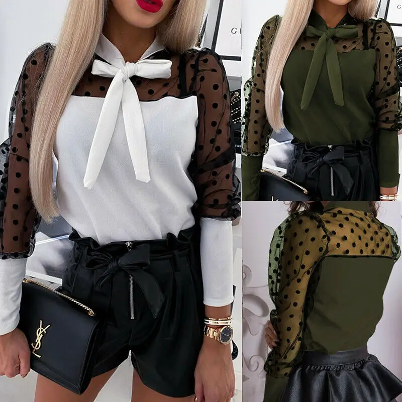 Fashion Womens Mesh Long Puff Sleeve Polka Dot Printed Bow knot Blouse Shirts Fashion Womens Mesh Long Puff Sleeve Polka Dot Printed Bow knot Blouse Shirts