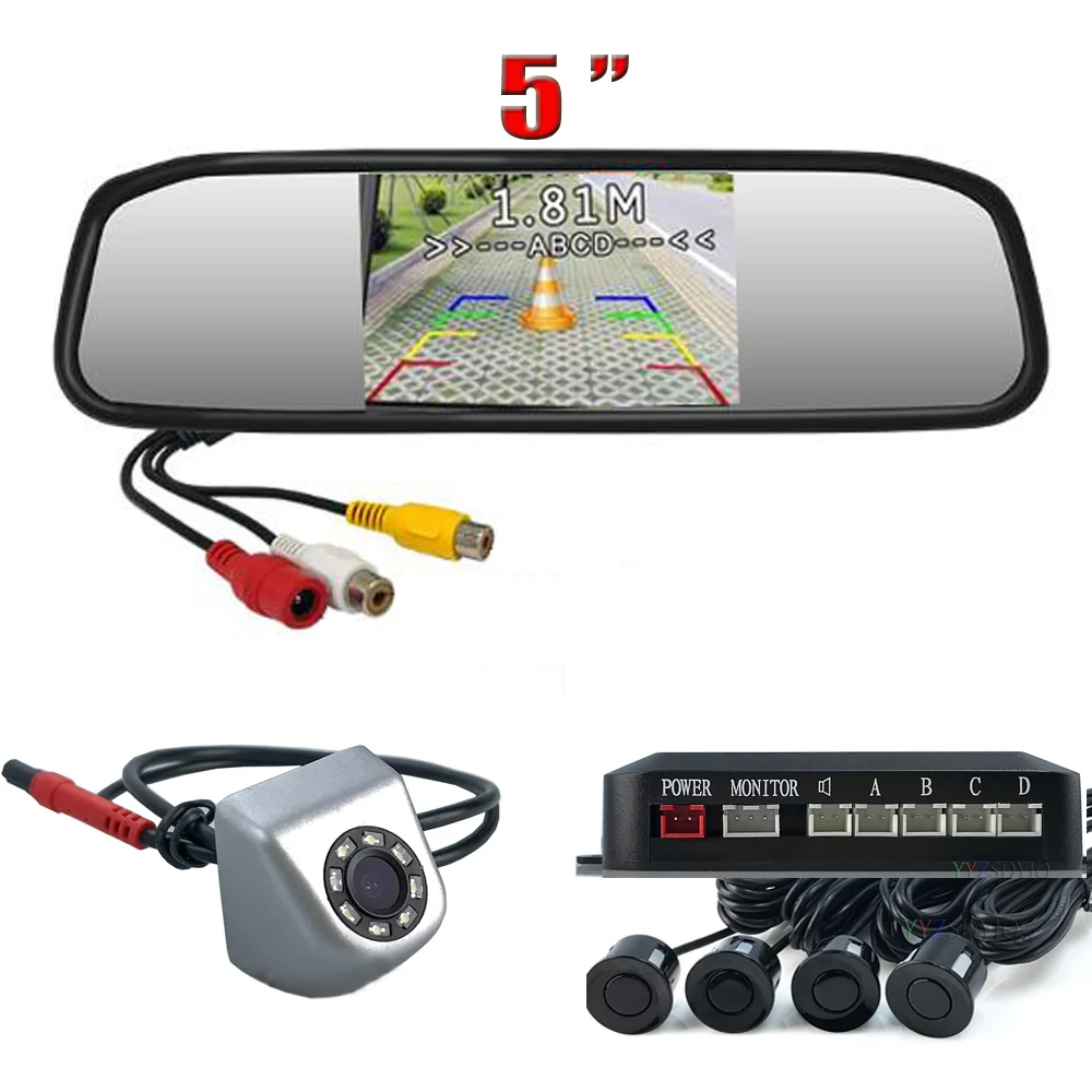 YYZSDYJQ  5 Inch Car Monitor LCD Screen Dual-core Car Video Parking Sensor Parktronic Radar with car camera 8 IR