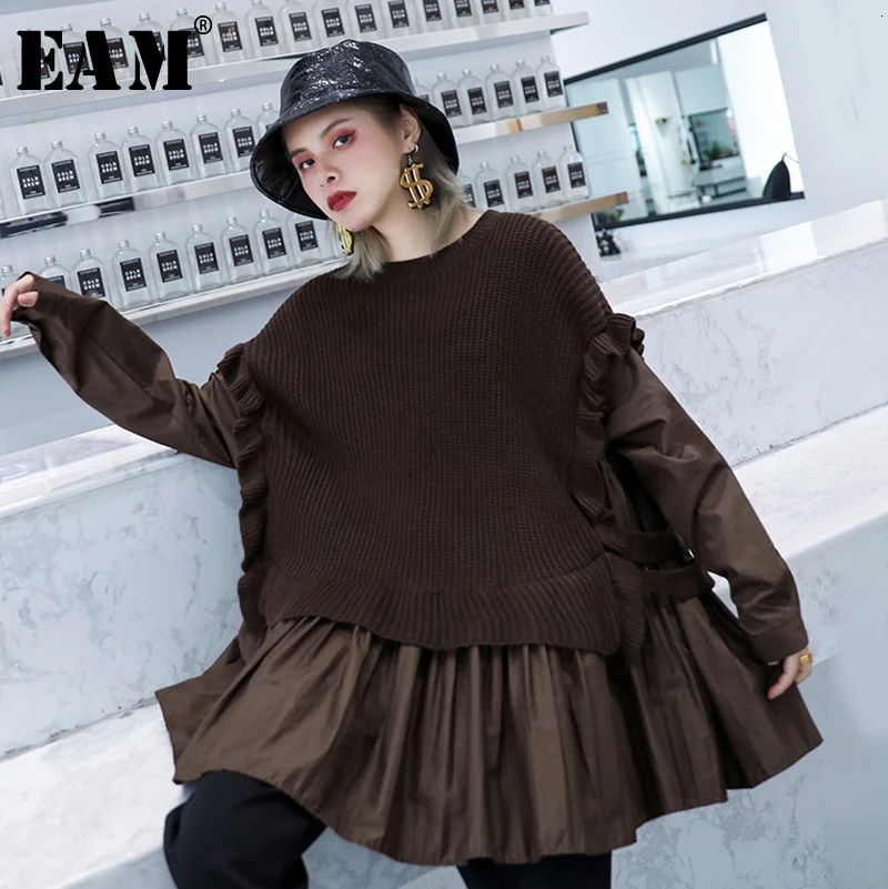  [EAM] Pleated Split Knitting Sweater Loose Fit Round Neck Long Sleeve Women Sweater New Fashion Aut
