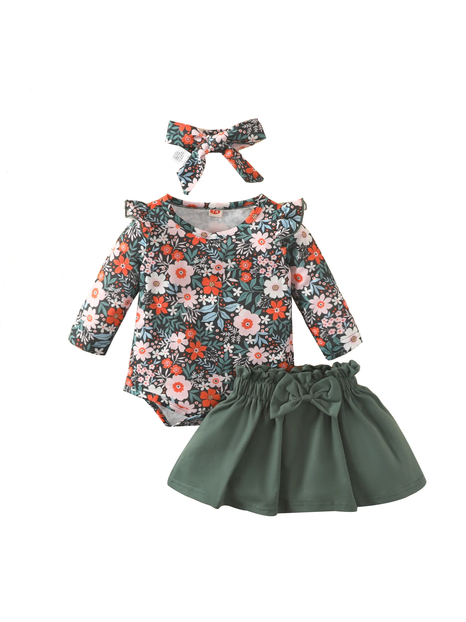 Baby Girl Skirt Set, Floral Long Sleeve Round Neck Romper Elastic Waist