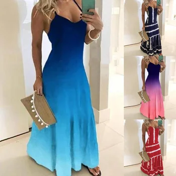 

Women's Long Maxi Dress Sexy Spaghetti Strap Striped Print Gradient Color Party Dress Female Summer V Neck Ankle Gown Dresses