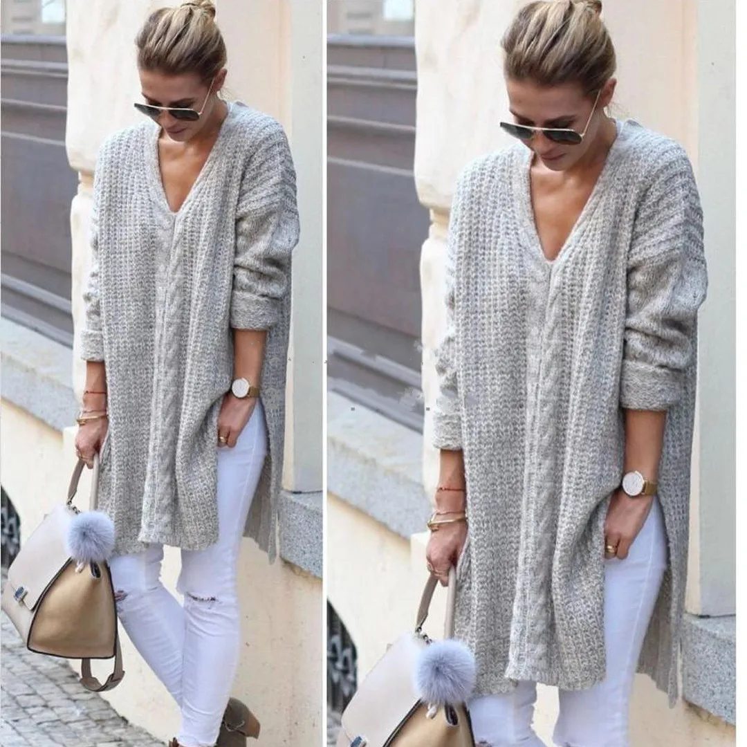 Winter Women Sweaters V-neck Split Long Knitted Plus-size Pullover Femme Black Gray Pull Fashion Clothing Office Lady Clothes | Женская