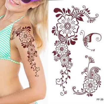 

Women Girl Big Arm Fake Tattoo Temporary brown Mandala Flower Henna India Tatoo Stickers Tattoos body art Dreamcatcher Sternum