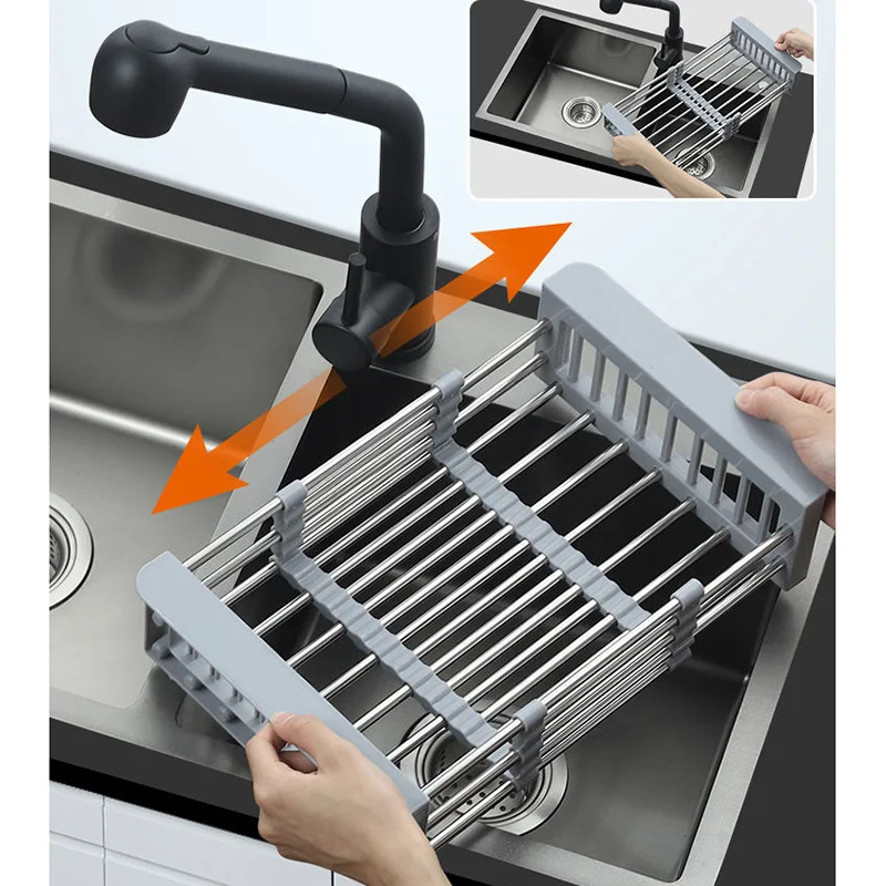 

Kitchen Organizer Cleaning Fruit Vegetable Cutlery Drainer Stainless Steel Rack Drain Basket Telescopic Sink Rack Dish Rack