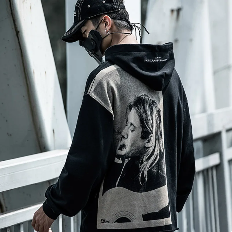 

US Size Harajuku Character Print Patchwork Sweatshirt Men's Hip Hop Loose Hooded Jacket Lovers Hoodie Jackets Trend Male DG456