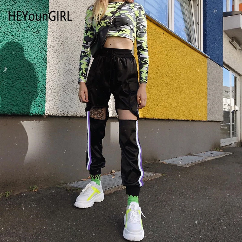 

HEYounGIRL Patchwork Ribbon Striped Satin Pants Cut Out Harajuku Black Joggers Women Casual High Waist Trousers Ladies Summer
