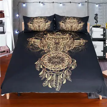

Lai Yin Sun Bedding Set Owl Wind chime Tribal Elephant Bedding Set Boho Mandala Golden Indian Design Duvet Cover Bed Set