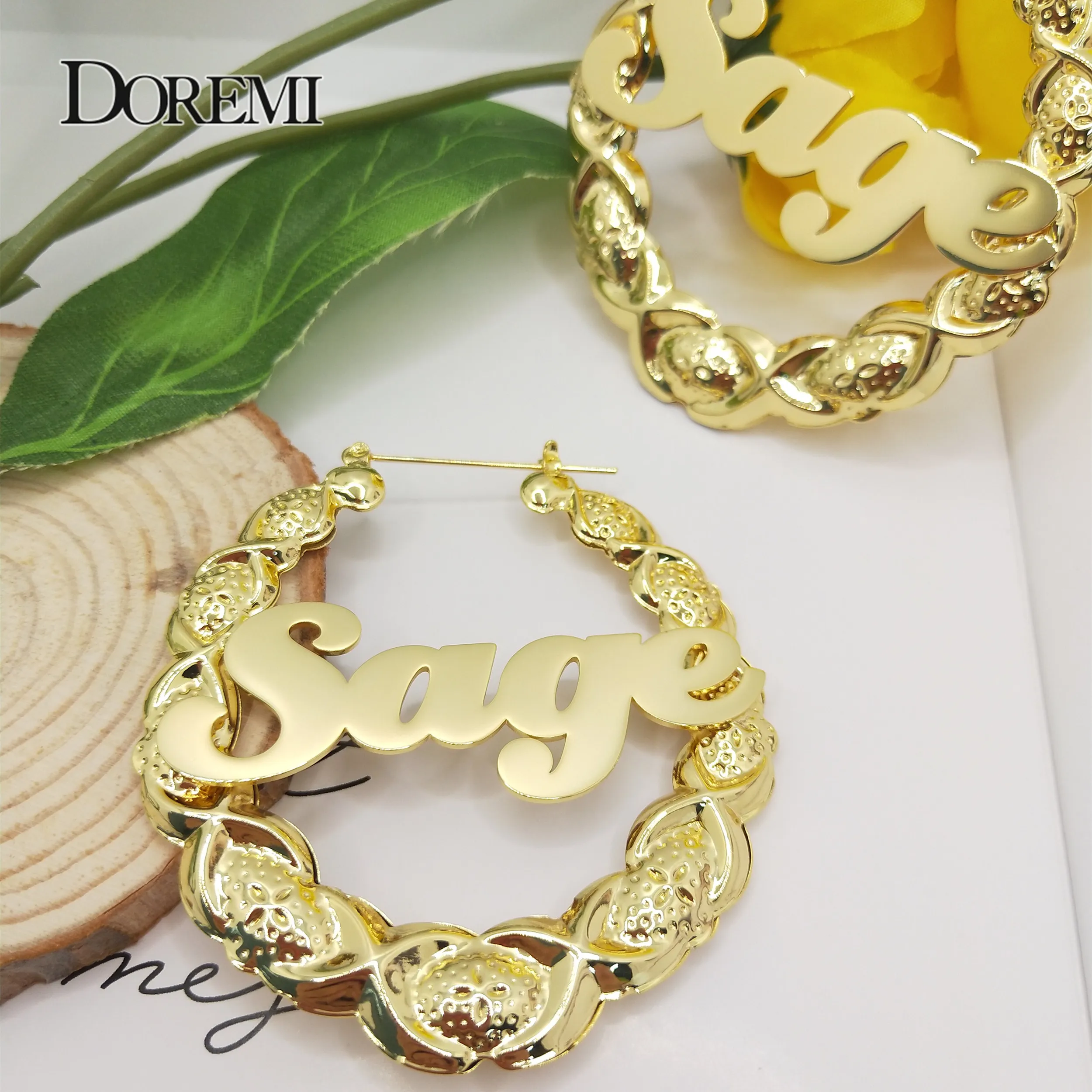 DOREMI 65mm XOXO Custom Name Bamboo Hoop Earrings Stainless Steel Custom Symbol  Earrings Custom Bamboo Earring for Women Gif