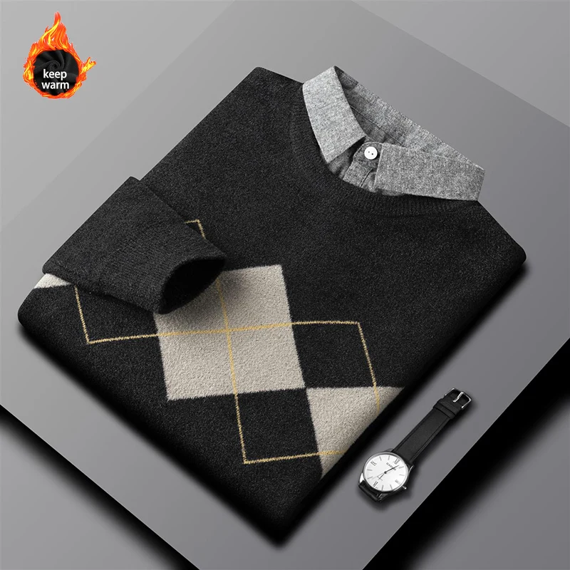 Men's Sweater 2021 Autumn Winter Contrast Color Fashion Clothing  Cotton Warm Jacquard Pullover Top Grade Fleece Male Tops designer sweaters for men Sweaters