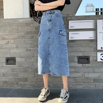 

2020 Spring And Summer Mid-length Denim Skirt Skirt Female High-waist Side Pockets Split Skirt