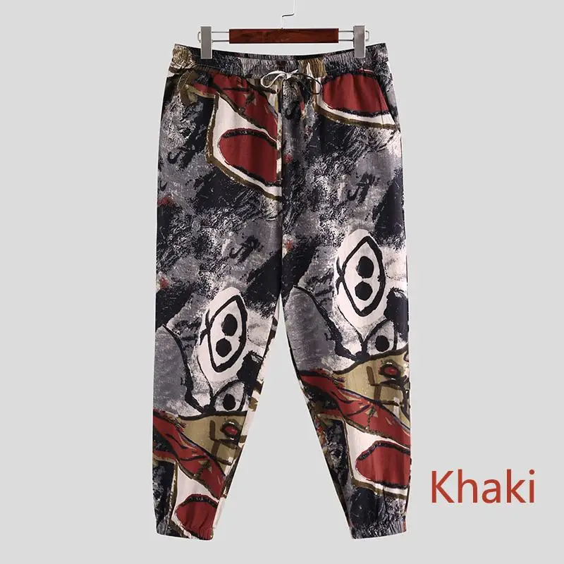 INCERUN, мужские шаровары, с принтом, Ретро стиль, уличная одежда, хлопок,, повседневные брюки, мужские, мешковатые, для бега, на шнурке, брюки размера плюс, 5XL - Цвет: Khaki Pants