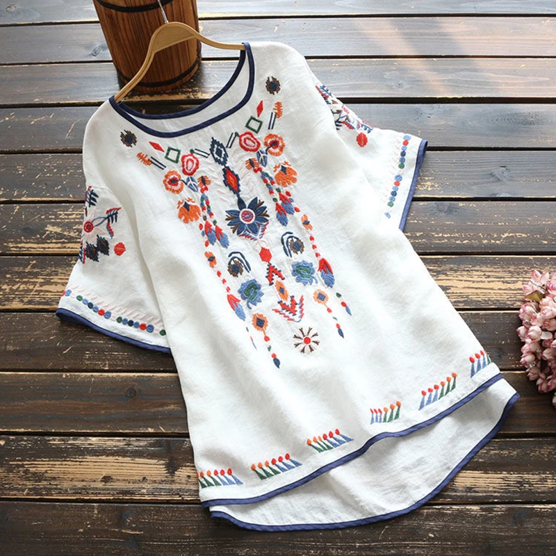 Women O Neck Short Sleeve Embroidered T 