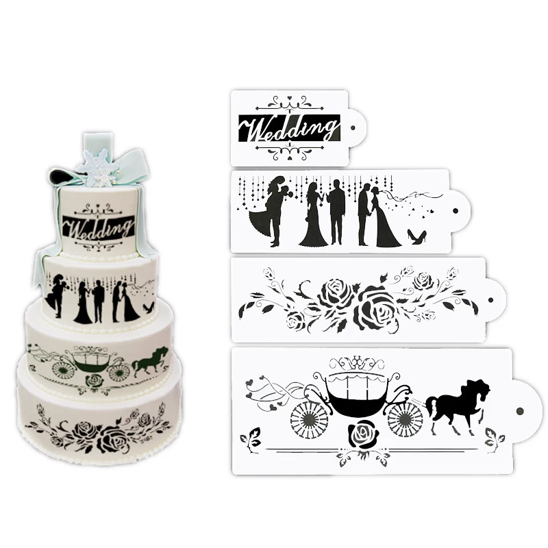 4Pcs Coffee Spray Stencil Mold Set Wedding Cake Stencil Fondant Cake Mould Decorating Bakery Tools DIY Printing Spray Template1