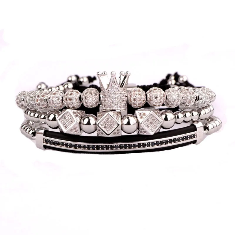 Luxury CZ Micro Pave Ball Crown Bracelets Men Women Braided Beaded Adjustable Bracelet Set - Image 2