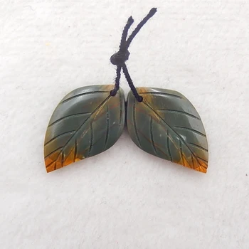 

Birthday gift,Natural Multi-Color Picasso jasper Gemstone Fashion woman Carved Leaf Earrings 26x1mm，4.4g