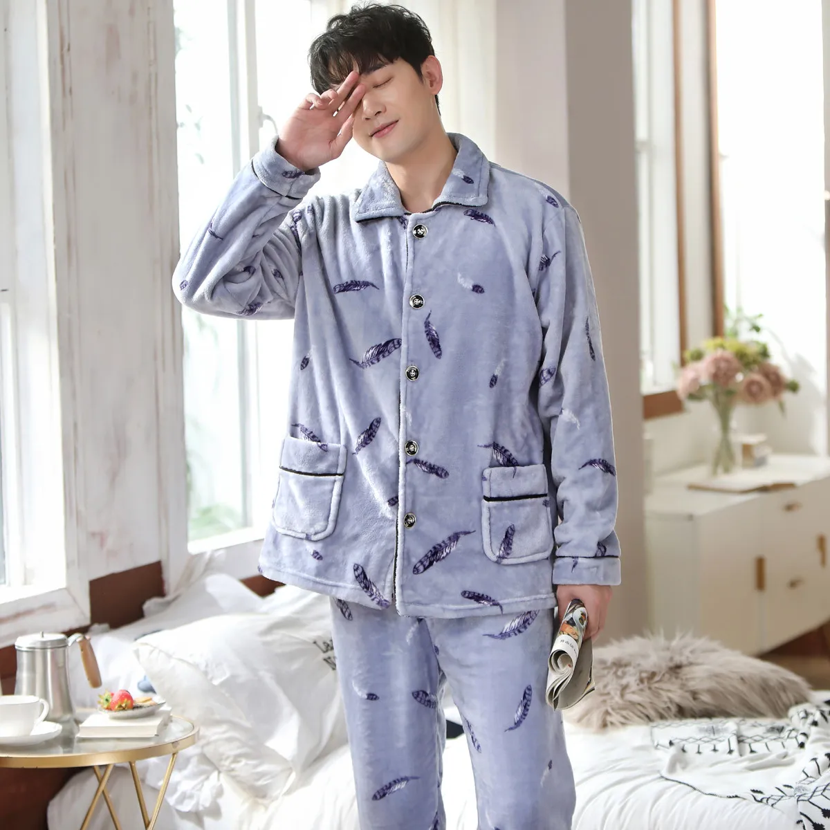 Winter Wine Red Pajamas Male Flannel Sleepwear Soft Warm Pyjamas Set Nightgown Men's Pajamas Sets Long Sleeve Men Lounge Pijamas silk sleepwear