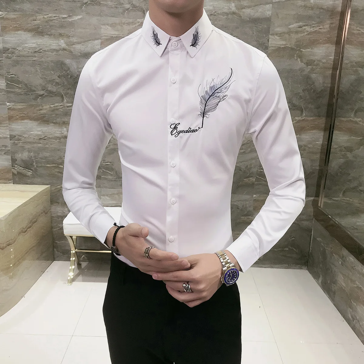 Модные мужские вечерние рубашки с длинным рукавом Camisa Social Masculina черно белые