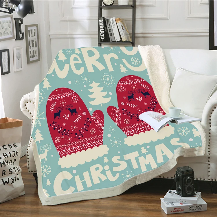 

3D Christmas Elk Gloves Blanket Bedspread on The Bed Warm Throw Flannel Blanket Merry Christmas for Kids Adults Blanket