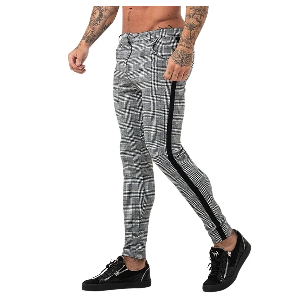 Mens Casual Pant Skinny Plaid Trousers Men Fashion Gentleman Streetwear Male Pants Fitness Sweatpant Tight Joggers Men Pant#G2