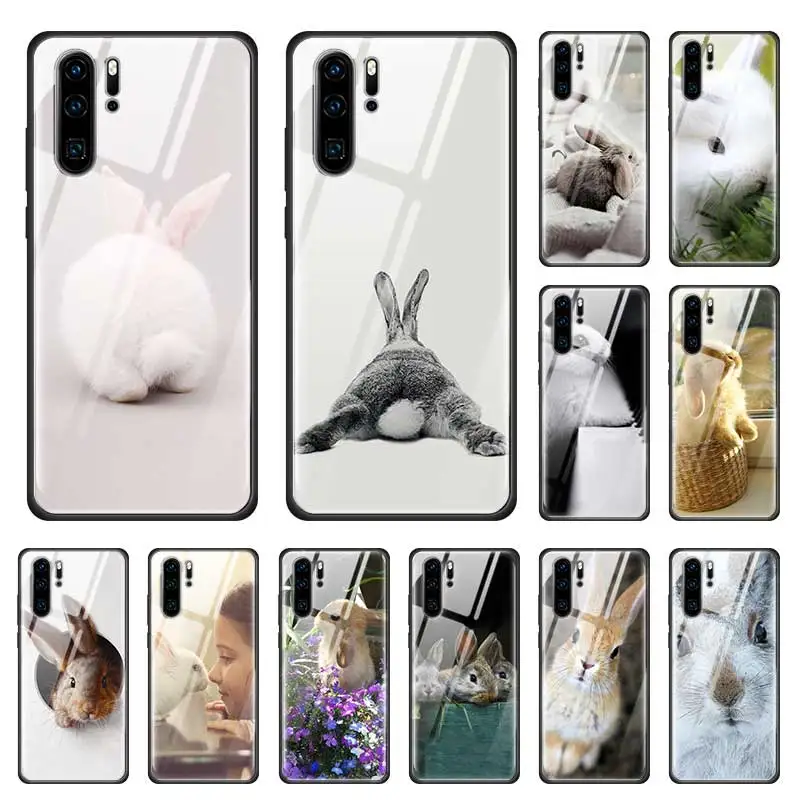 

White Baby Rabbits Cute Case for Huawei P20 P30 Honor 9X Pro 8X Mate 30 20 10 Lite Tempered Glass + Black Soft Phone Coque Cages