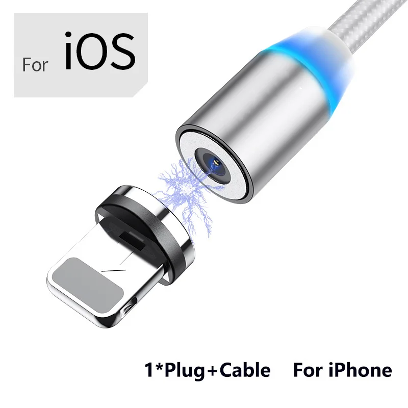 IOS Cable-Silver 1 м светодиодный магнитный usb-кабель для iPhone Xs Max 8 7 6 и кабель USB type C и кабель Micro usb для samsung Xiaomi huawei автомобильный телефонный кабель - Название цвета: IOS Cable-Silver