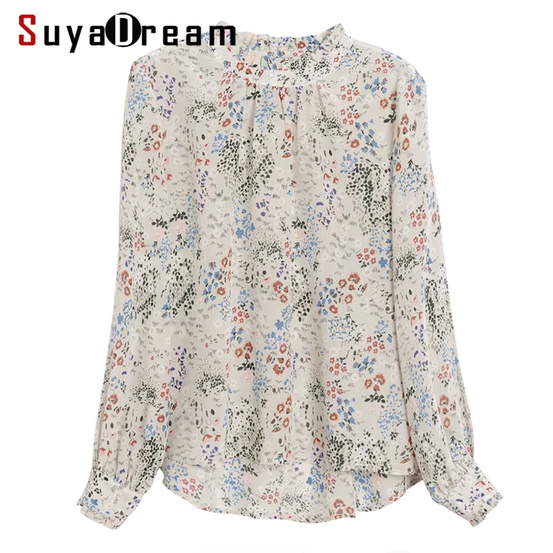  Women Blouse 100% REAL SILK Crepe Floral Printed Blouse Shirt Stand Collar Office Lady Blouses 2019