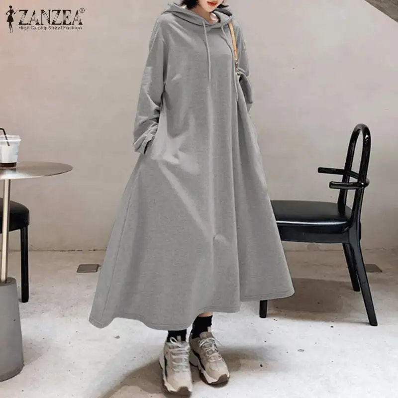 

Stylish Hooded Hoodies Dress Women Autumn Sweatshirts 2023 ZANZEA Casual Long Sleeve Maxi Vestidos Female Solid Robe Oversized