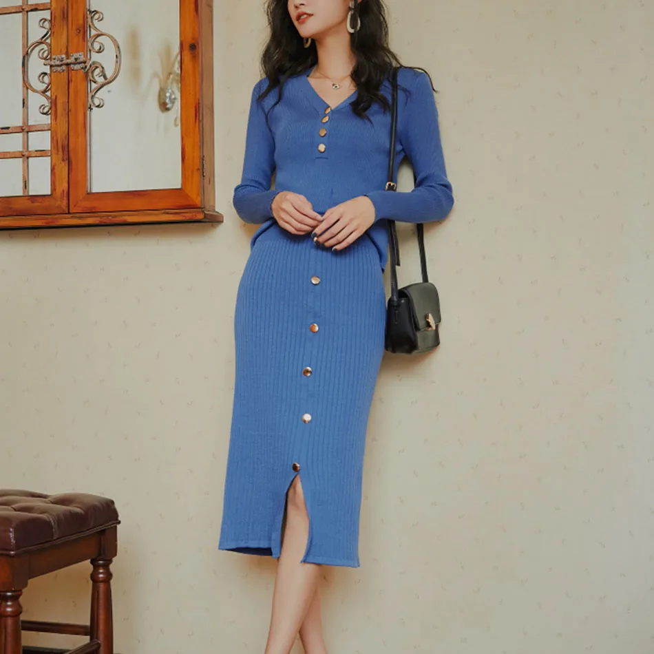 Genyaooa высококачественный комплект из двух предметов, элегантный вязаный женский комплект 2 шт., винтажная юбка из двух частей, эластичный Женский комплект - Цвет: blue