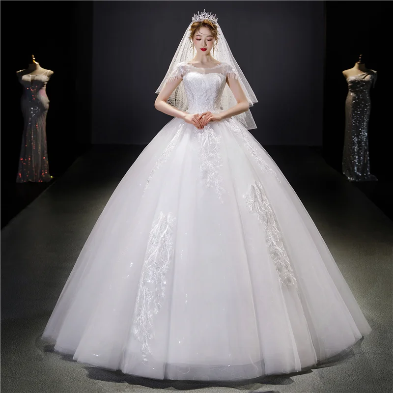 Cheap Beading New Fashion Simple Wedding Dress With Sleeve O Neck Bride