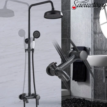 

Black Bronze Wall-Mounted Shower Bracket Shower Faucet Lid Shape Faucet Head Rotatable Ceramic Handle Spout Tap Hot Cold Water