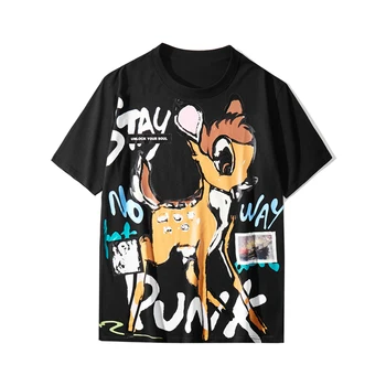 

guernika 2019 new sketch deer print t-shirt men's summer 100% cotton round neck short sleeve street style hip hop loose T-shirt