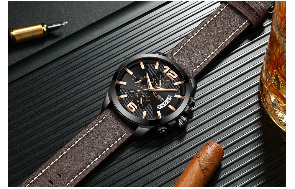 Clearance Sale New Mens Watches Top Brand Leather Chronograph Waterproof Sport Automatic Moon phase Quartz Watch For Men