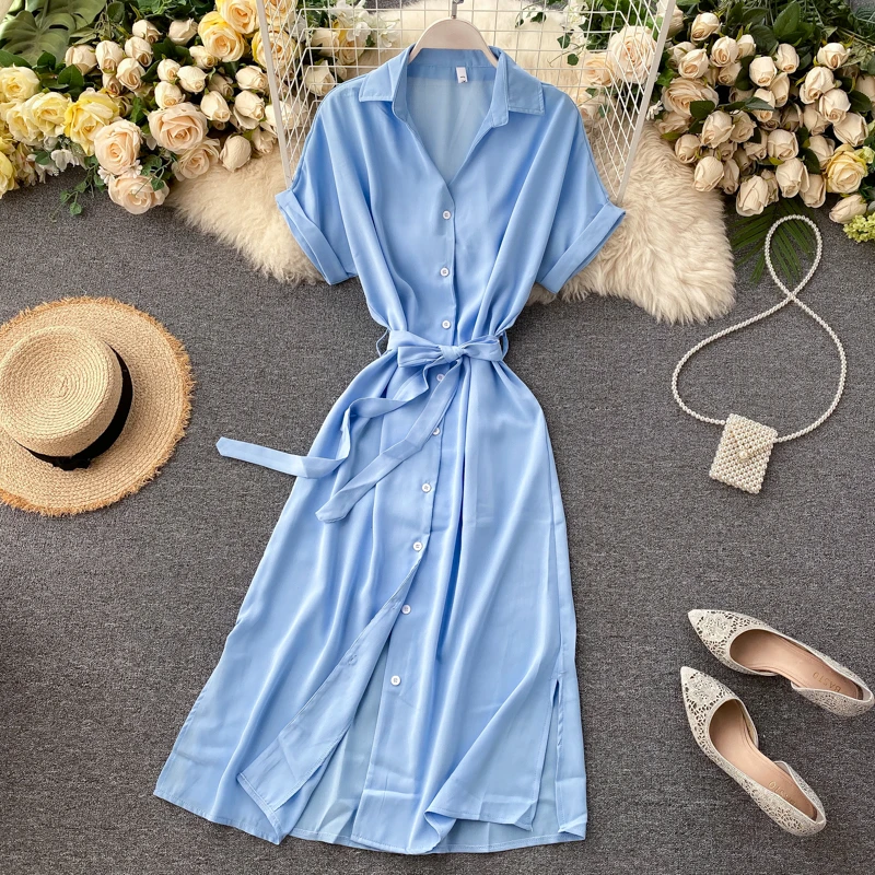 Azul Vestido Camisero Vintage Para Mujer 
