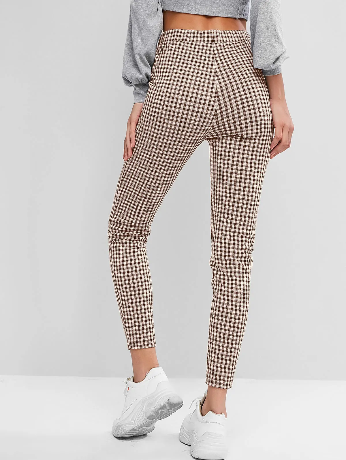 ZAFUL, женские элегантные клетчатые повседневные штаны, офисные женские эластичные обычные клетчатые обтягивающие леггинсы с высокой посадкой
