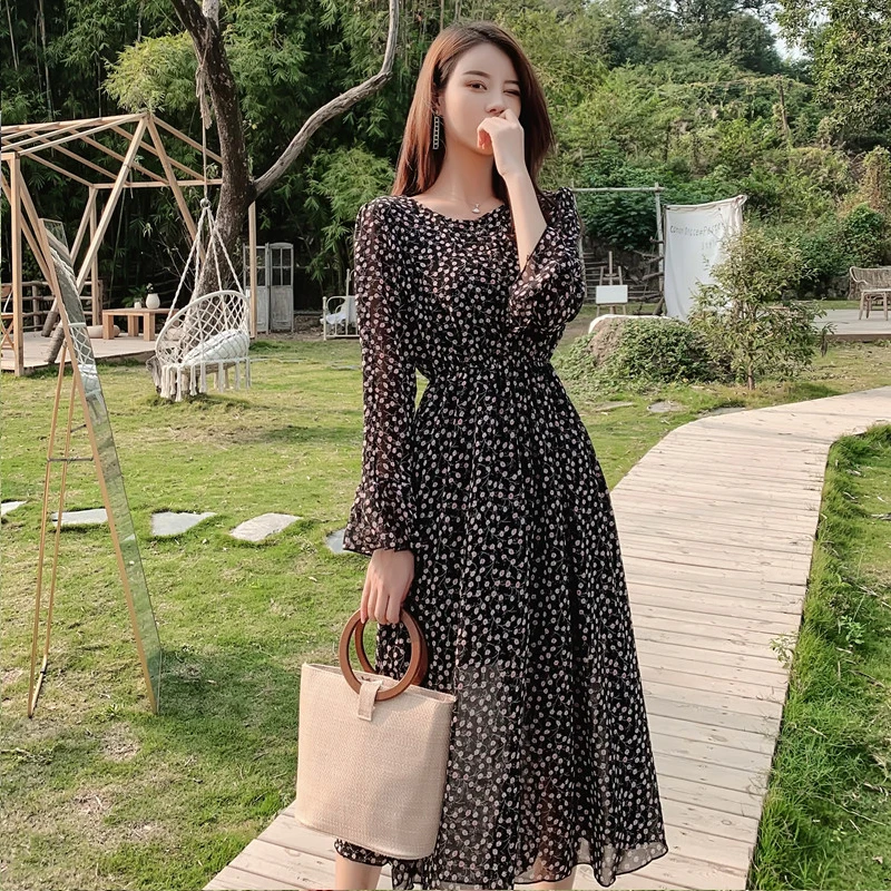 

Plus Size 3XL O-neck Floral Chiffon Women Dress Flare Full Sleeve A-line Female Party Dress Spring Elastic Waist Midi Vestidos