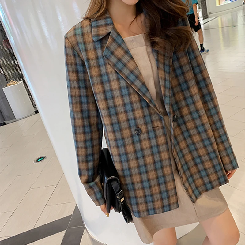 Vintage Loose Women Plaid Blazer Double-breasted Full Sleeve Grid Female Jacket Retro Jacket Women Suits Outerwear Autumn
