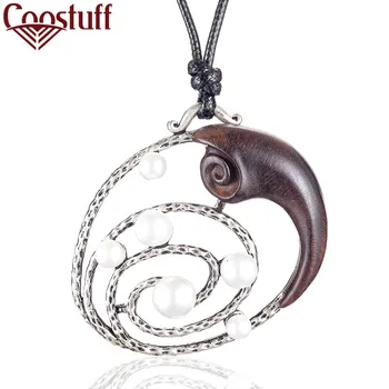 

Vintage Women's Jewerly Wooden Pendants Necklaces Silver Color Circle With White Beads Long Chain Female Suspension Accessories