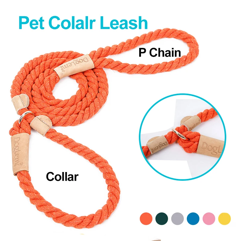 

Поводок для собак из чистого хлопка, прочная плетеная веревка с P-образной цепью, не тянется, тренировочные поводки для средних и больших соб...