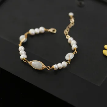 

LKO new arrive Handmade Wound wire green stone Freshwater pearl bracelet for women gift free tracking shipping