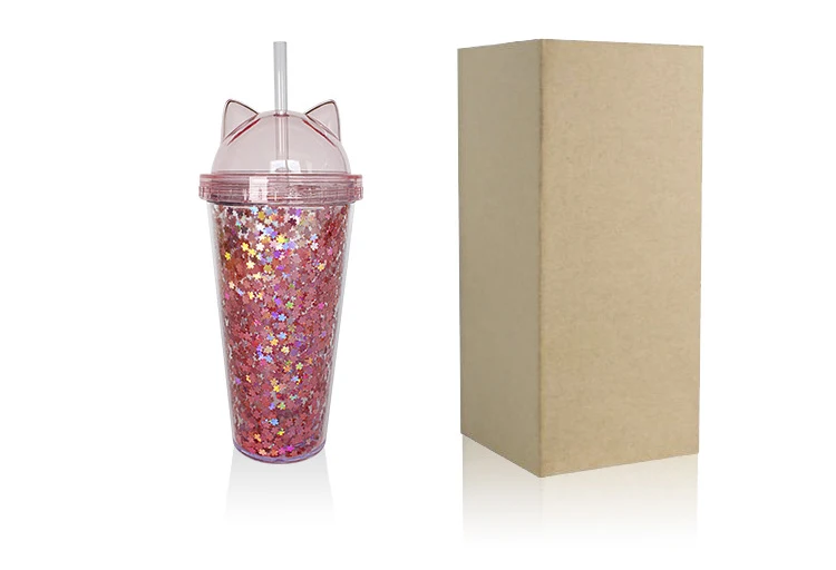 Double Layer Pipette Cup With Flash In The Shape Of Cat's Ear Candy Colors Tea Juice Coffee With Lid Straw Water Bottle Cups