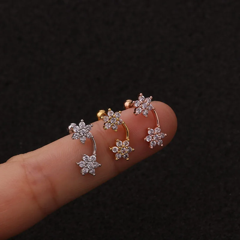 2Pcs/Lot Rose Gold Color Curved Cz Cartilage Stud Helix Rook Conch Screw Back Earring 20g Stainless Steel Ear Piercing Jewelry