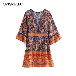 Boho Chic Лето Винтаж цветочный принт лоскутное мини платье для женщин Мода 2019 г. V образным вырезом кимоно рукав пляжные наряды Femme Vestidos