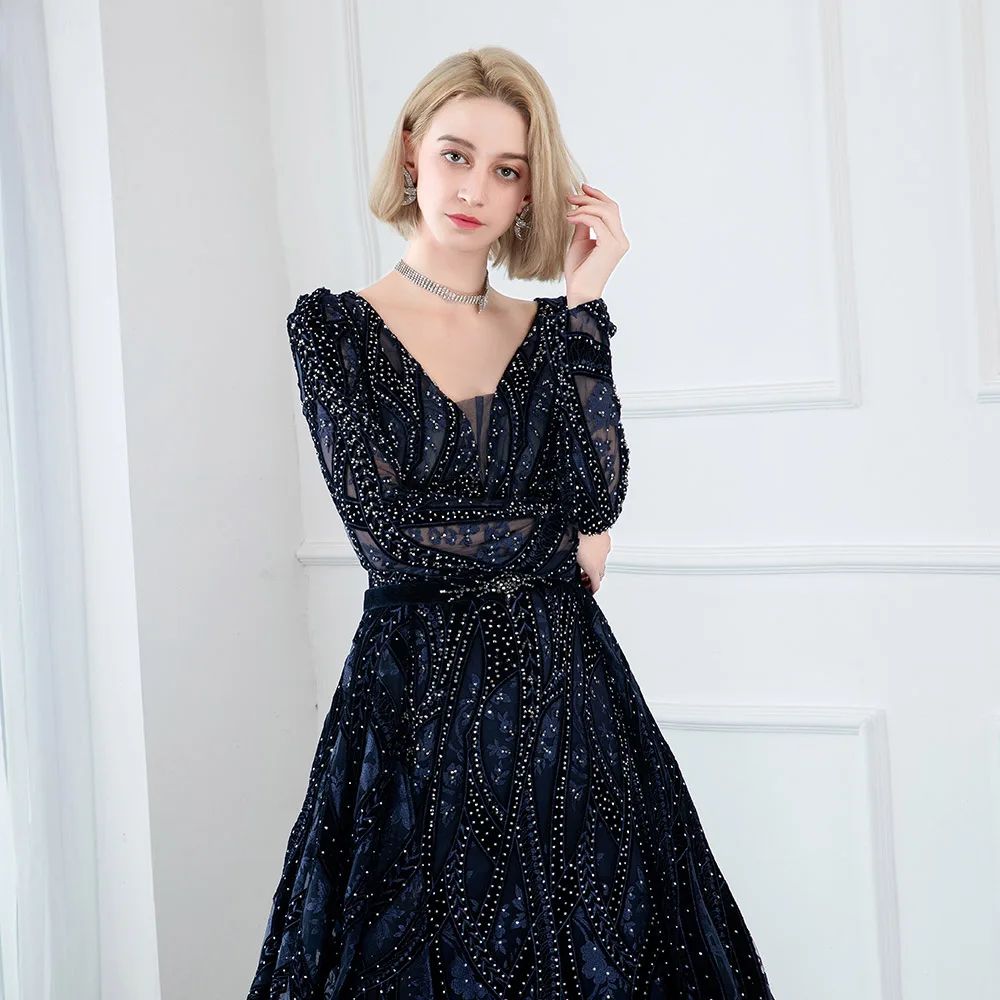 Muslim Full Sleeve Velvet Evening Dresses V Neck Navy Blue