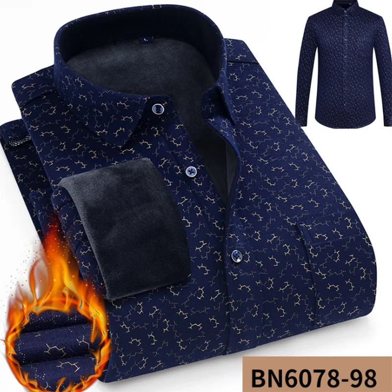 Мужские зимние теплые модные повседневные рубашки с принтом Camisa, дышащие удобные однобортные рубашки с добавлением шерсти - Цвет: navy blue