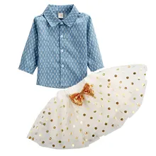 Новинка для маленьких девочек джинсовые топы день рождения рубашка юбка для вечеринок из тюля осенняя одежда