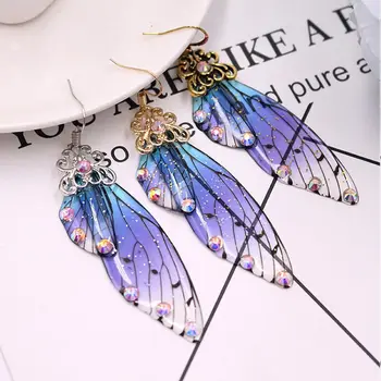 

Fashion Handmade Femme Wing Drop Earrings Gold Color Fairy Tale Cicada Wings Earrings Rhinestone Purple Earrings Vintage Jewelry
