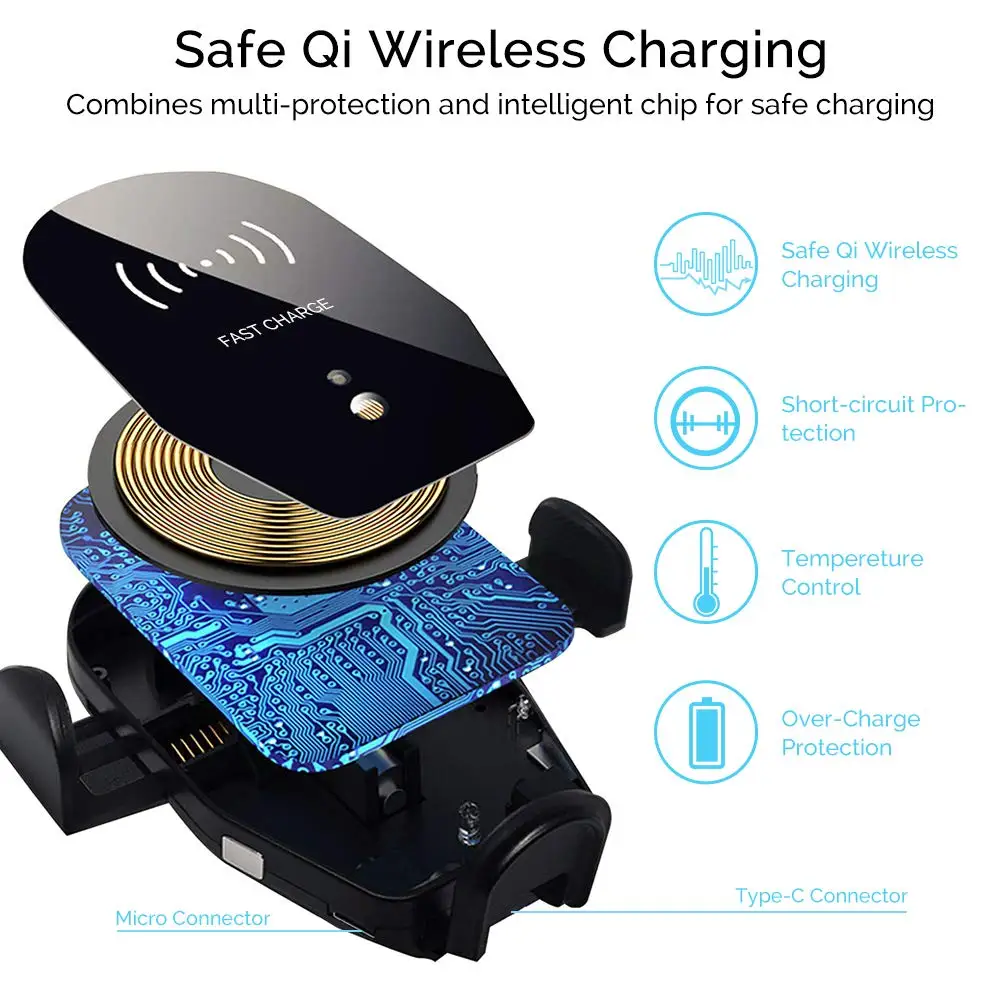 Auto-Clamping 10W Qi Fast Wireless Charging for Blackview BV9800 BV9700 Pro BV9600 Plus BV5800 Pro BV6800 Pro QC 3.0 Car Charger