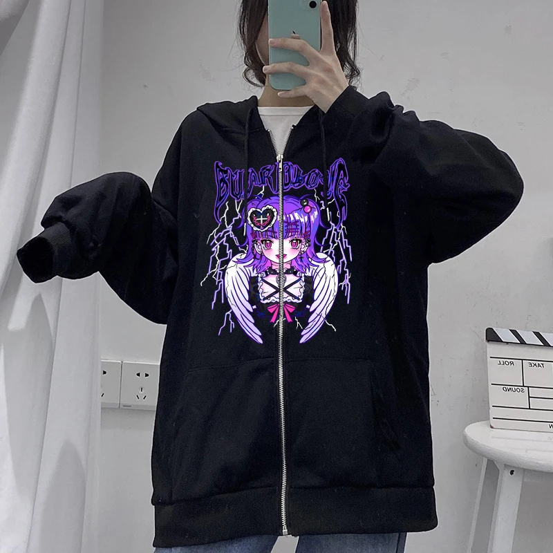 

E-girl молния Ангел уличный стиль молния толстовка Y2k хип-хоп кофта для бега корейская мода повседневная панк Спортивная Куртка Пуловер