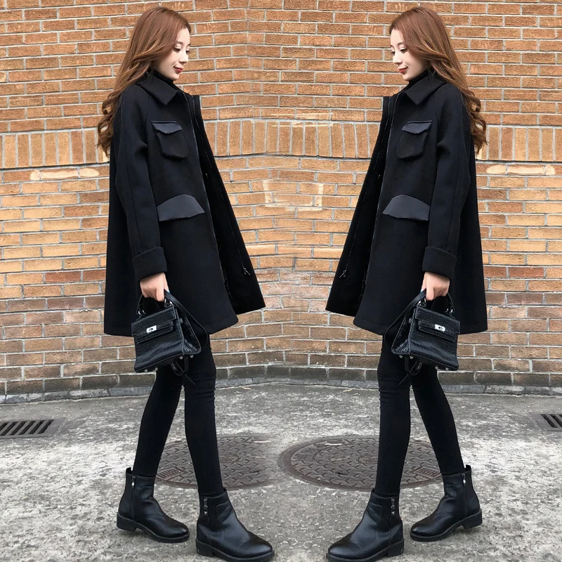 

autumn winter new Korean version of the long section of the network red wind fashion black woolen coat quilted thick woolen coat
