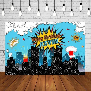 

Custom Super Hero Themed Birthday Party Banner City Backdrop Boom Blue Photo Backgrounds Desser Table Scene Setter Wall Posters